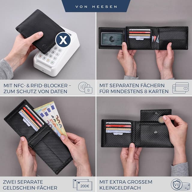 Detalle 2 de VON HEESEN Geldbörse Herren RFID Schutz Carbon Schwarz Wallet