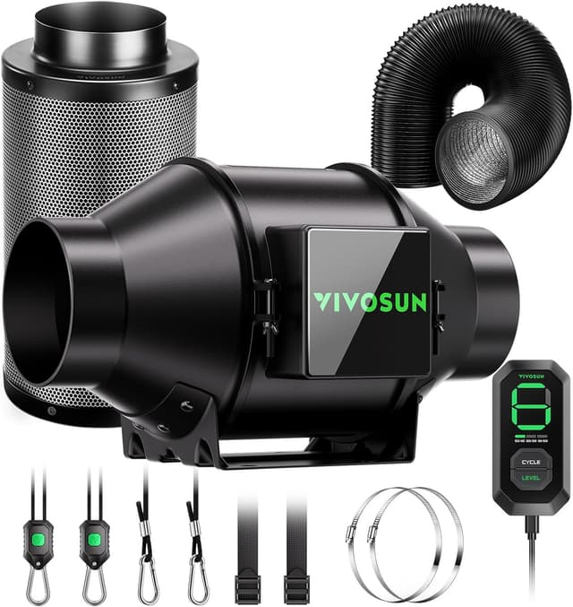 Detalle de VIVOSUN AeroZesh G4 100 mm kit estrazione con ventilatore, regolatore E12, filtro a carbone e condotto 240 cm