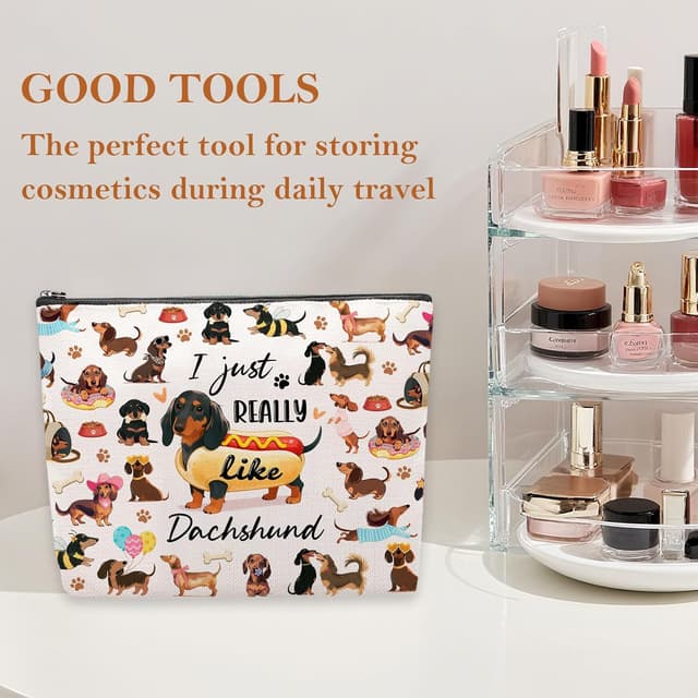 Detalle 2 de Cute Dachshund Makeup Bag – Canvas zip pouch for dachshund lovers, travel & daily essentials