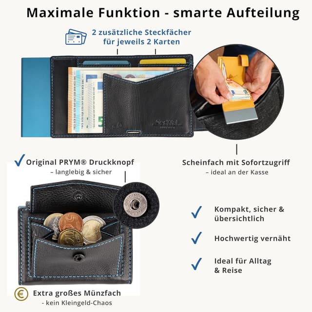 Detalle 2 de SecWal Kartenetui mit Münzfach & RFID-Schutz (Made in Germany) – Slim Mini-Geldbörse aus Echtleder inkl. Geschenkbox