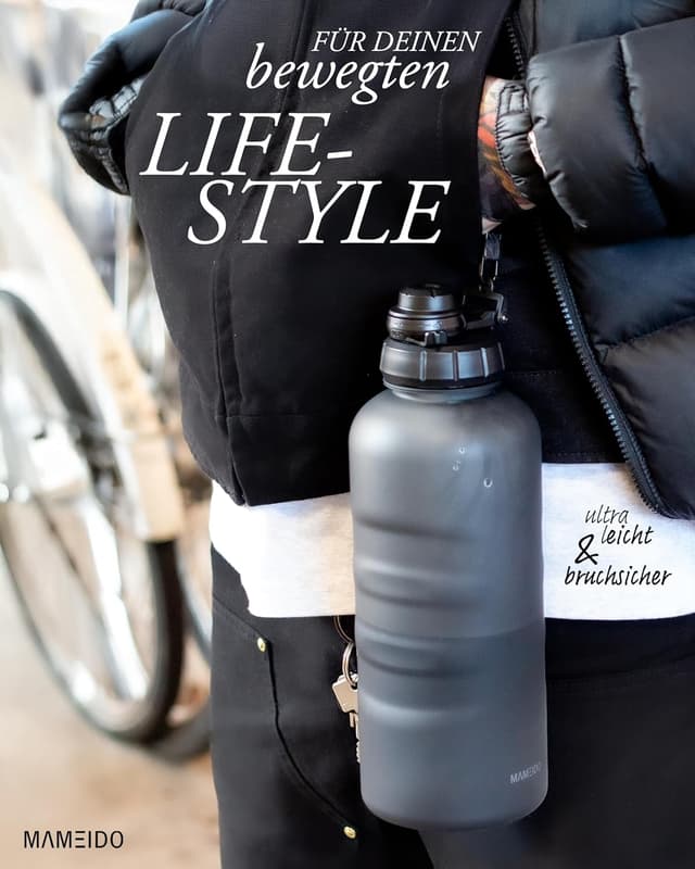 Detalle de MAMEIDO Trinkflasche mit Strohhalm, Zeitmarkierung & 2 l Fassungsvermögen (auslaufsicher, BPA-frei, Tritan) – Carbon Grey