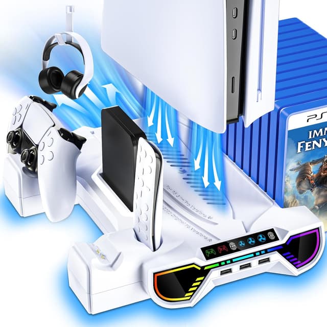 Detalle de ZRZLMVP PS5 Standfuß mit Controller-Ladestation, Lüfter & 3-fach USB-Hub (RGB) für PS5 / PS5 Slim / PS5 Pro – Weiß