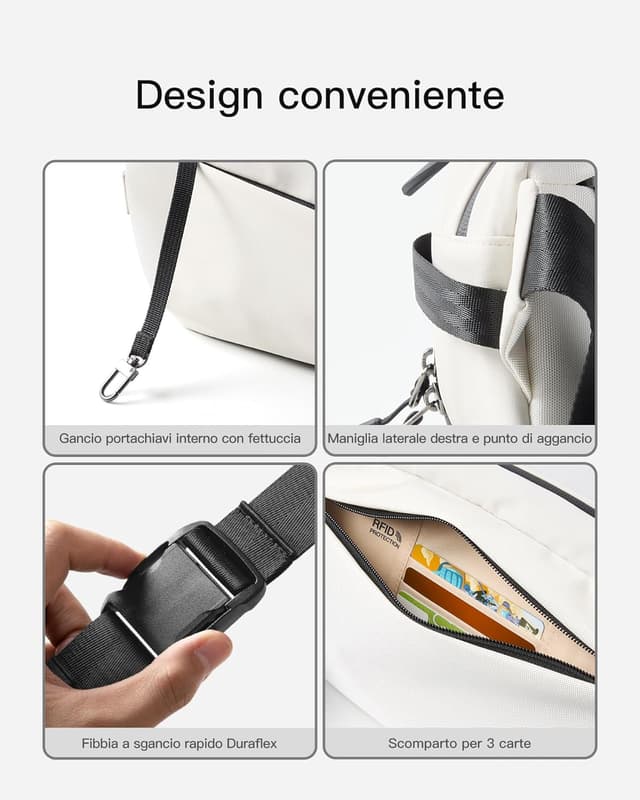 Detalle de Inateck Sling Bag X-Pro: borsa a spalla e tracolla espandibile con tasca RFID e 16 scomparti