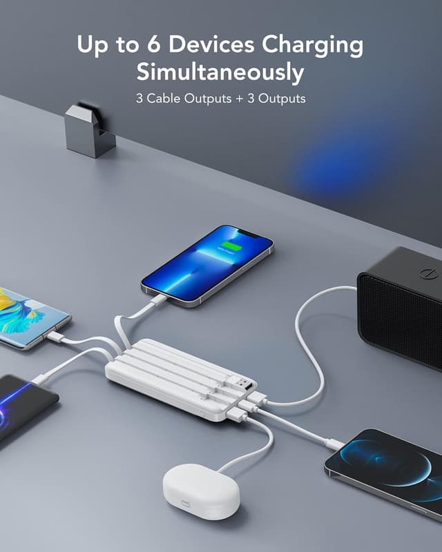 Detalle de Charmast Power Bank with Built-in Cables (x4) 10000mAh, USB-C Portable Charger with 6 Outputs & 3 Inputs