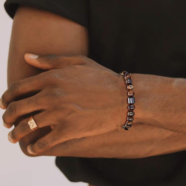 Detalle 2 de MOROTOLE Herren-Armband-Set mit 8-mm Tigerauge, Lavastein und Obsidian – Stretcharmbänder aus Naturstein