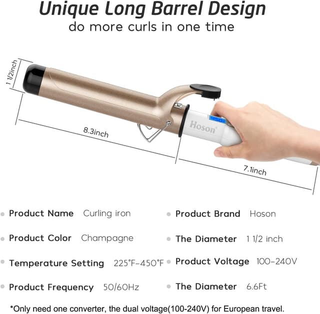 Detalle de Hoson 38mm Curling Tongs Large Barrel (1.5 inch) with Dual Voltage, Ceramic Tourmaline & LCD Display