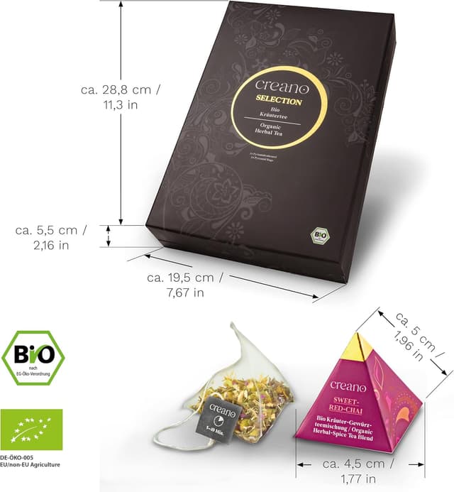 Detalle 2 de Coffret Cadeau Tisanes Bio Creano – 24 sachets pyramidaux, 9 infusions aux herbes, fruits & épices