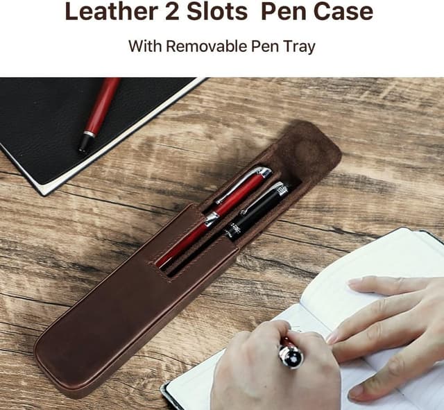Detalle 2 de CONTACT'S FAMILY 2-Slot Genuine Leather Pen Case (Vintage, Handmade) – Coffee