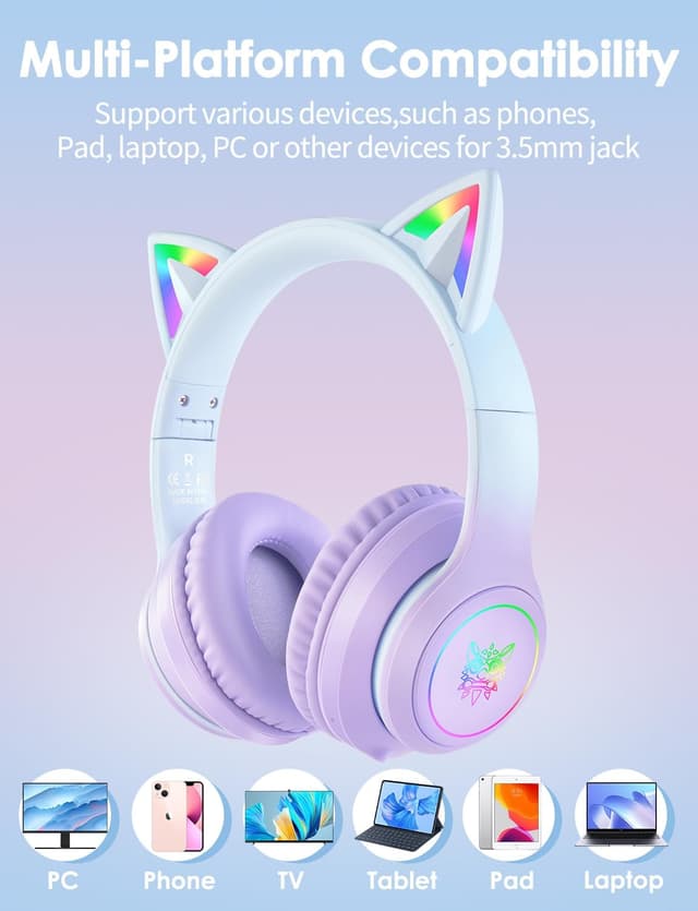 Detalle 2 de Cat Ear Bluetooth Headphones with LED Lights – Wireless over-ear headset with microphone, 55H playtime