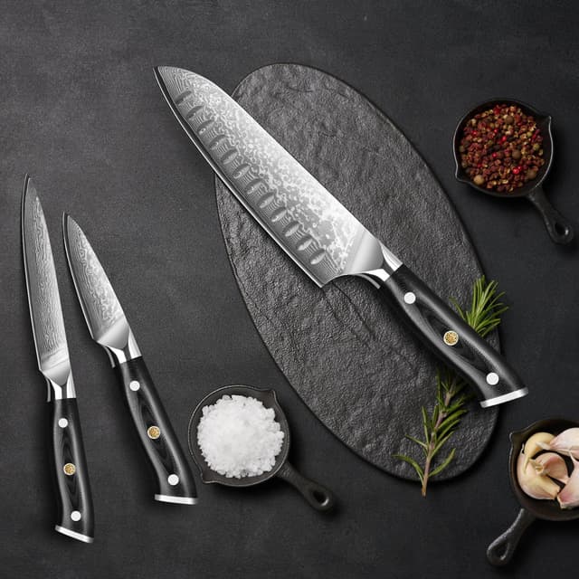 Thumbnail 6 de Home Safety 3er Damastmesser-Set (Santoku, Allzweck- und Obstmesser) mit G10-Griffen