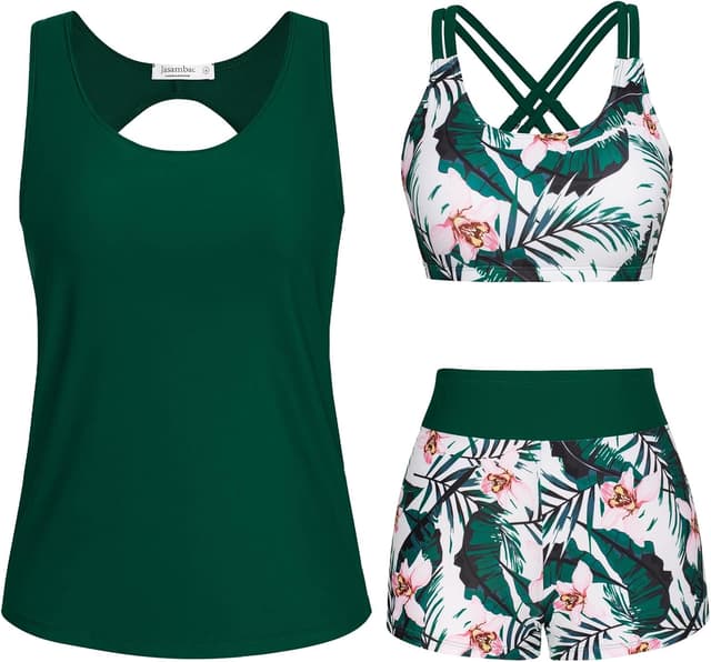 Thumbnail 6 de JASAMBAC 3-teiliges Tankini-Set für Damen: Push-up-BH + High-Waist Badeshorts + Tankini-Top