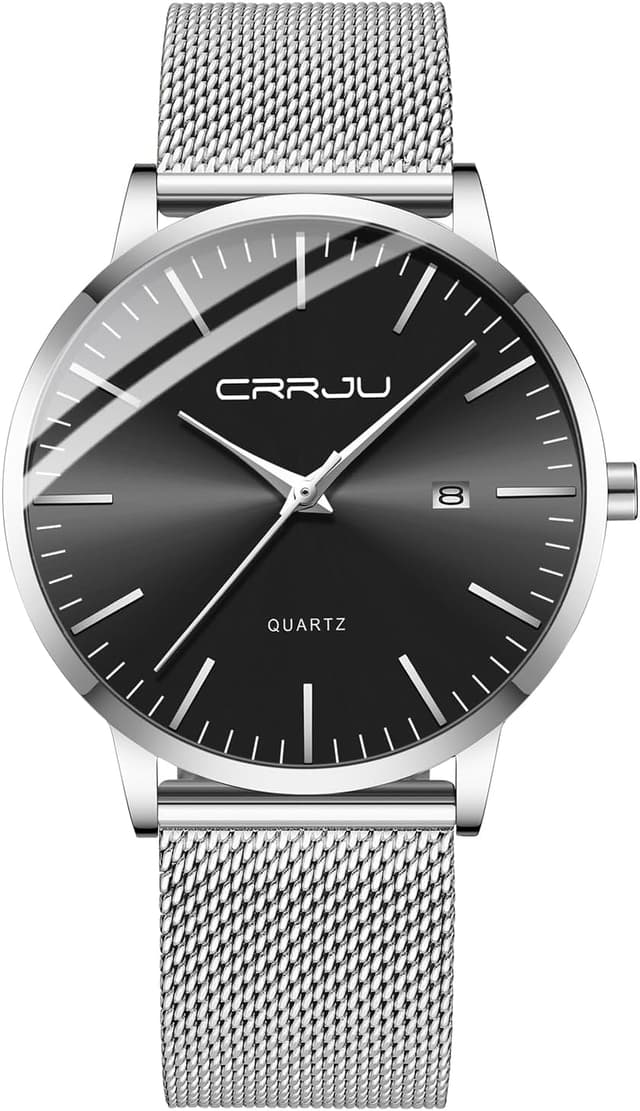 Detalle de CRRJU Herren-Uhr ultra dünn (schwarz) – wasserdichtes Mesh-Armband mit Quarzwerk