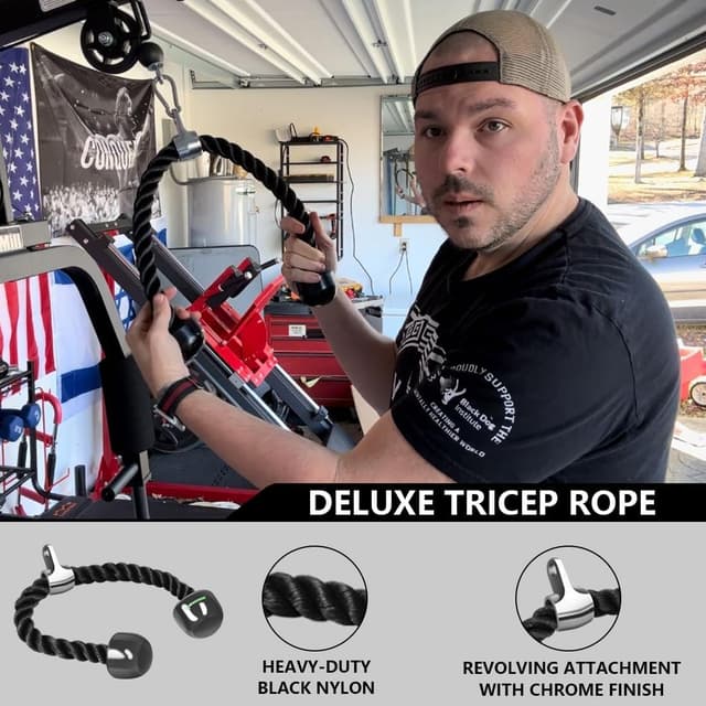 Detalle de QPARVERS Cable Machine Attachment Set (LAT pulldown attachments) with V-Grip Row Handle, Swivel Bar, and Nylon Triceps Rope