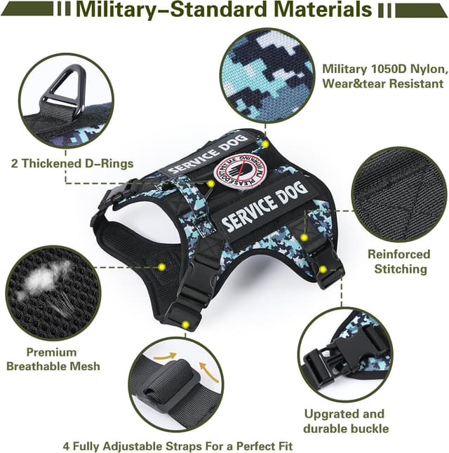 Detalle de Belababy Tactical Anti Pull Dog Harness (Size L) with Front Clip, Handle & MOLLE panels – Blue Camo