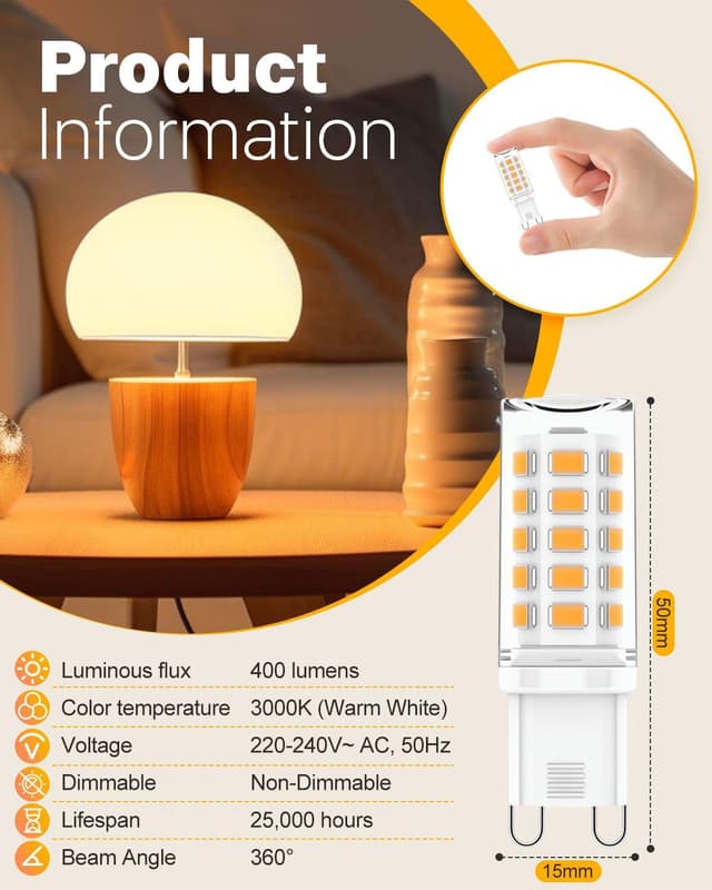 Detalle de KALAHOL 6 Pack G9 LED Bulbs (Warm White, 4W, 3000K) — flicker-free, non-dimmable