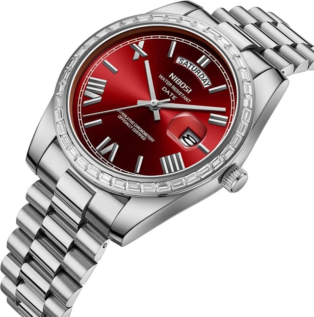 Detalle 2 de NIBOSI Men Analogue Quartz Watch with Day-Date and Diamond Bezel (Rose Gold/Silver) – Waterproof Business Dress Style