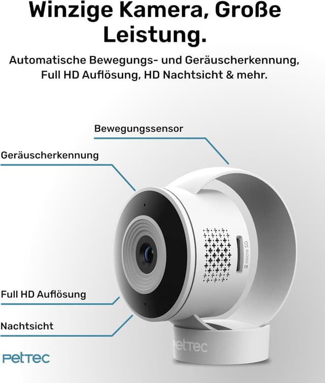 Detalle de PetTec® Cam Lite (3MP) WLAN Haustierkamera für Hund & Katze mit Nachtsicht, Bewegung- und Geräuscherkennung