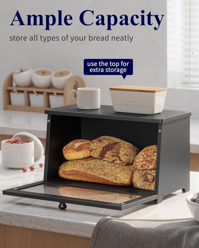 Detalle de Kitsure Wooden Bread Box with Magnetic Acrylic Door and Large Capacity Storage