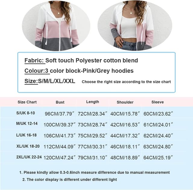 Detalle de iChunhua Ladies Zip Up Long Sleeve Hoodies with Pockets – lightweight triple colour block zip hoodie