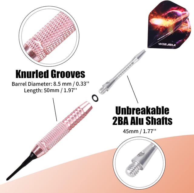 Detalle de Win.Max Dartpfeile mit Kunststoffspitze für elektronische Dartscheibe – Soft Darts Set (12 Stück, 18 g)