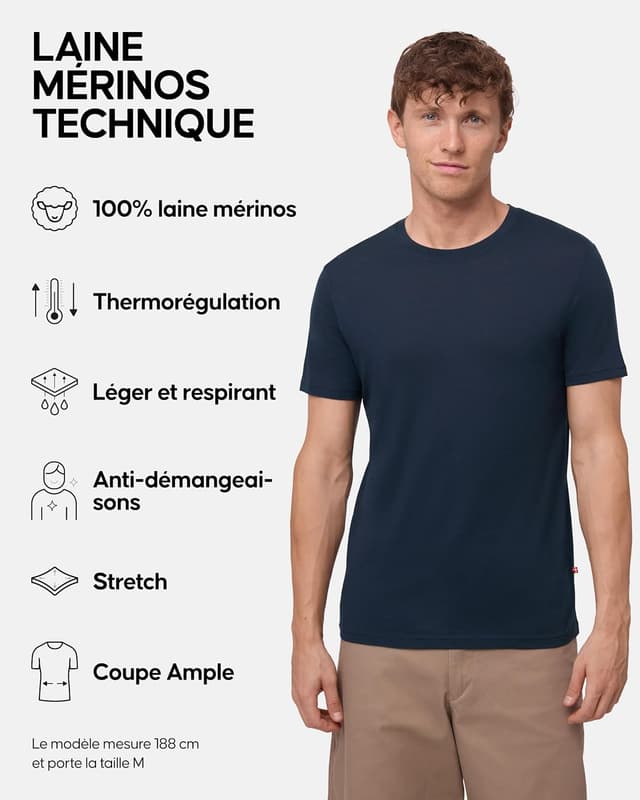 Detalle de Danish Endurance T-Shirt homme en laine mérinos 100% ultra légère (lot 1 ou 2)