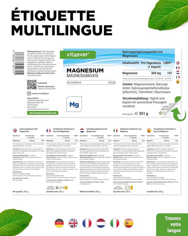 Detalle 2 de Vit4ever Magnésium à haute dose – 365 gélules (réserve annuelle) : 400 mg de magnésium élémentaire