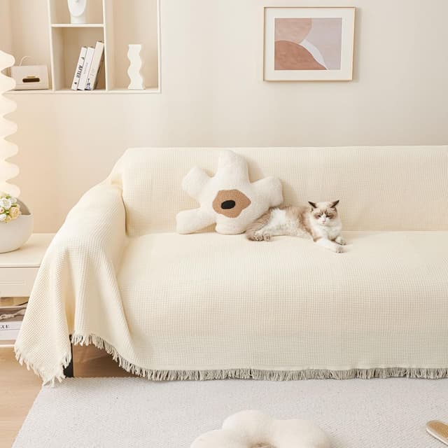 Detalle de LHGOGO Waffle Weave Large Sofa Throw (180x230cm) in Cream