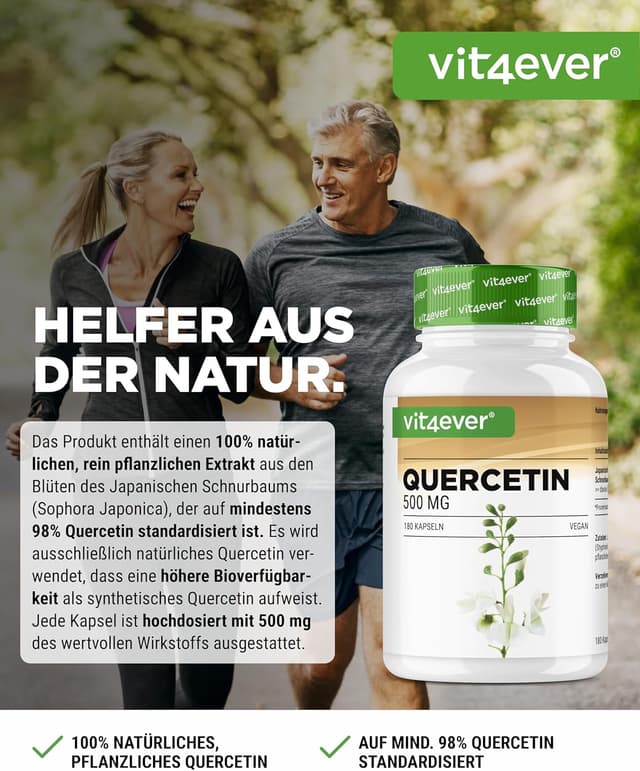 Detalle 2 de vit4ever Quercetin 500 mg – 180 Kapseln (6-Monatsvorrat) mit 15:1 Schnurbaum-Blütenextrakt, vegan