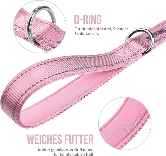 Detalle de OneTigris Hundeleine mit 2 Griffen und reflektierenden Streifen, 182 cm, Rosa