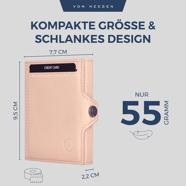 Detalle de VON HEESEN Slim Wallet mit Münzfach, RFID-Schutz & Echtleder (Rose) – Kartenetui mit Geldklammer