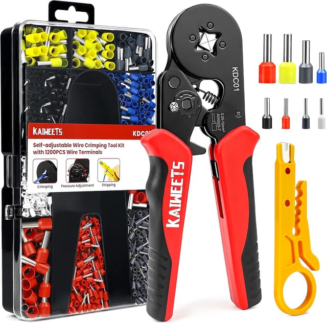 Detalle de KAIWEETS self-adjusting ratchet crimping tool set with 1200 ferrule terminals (0.25–10 mm² / AWG 23–7)