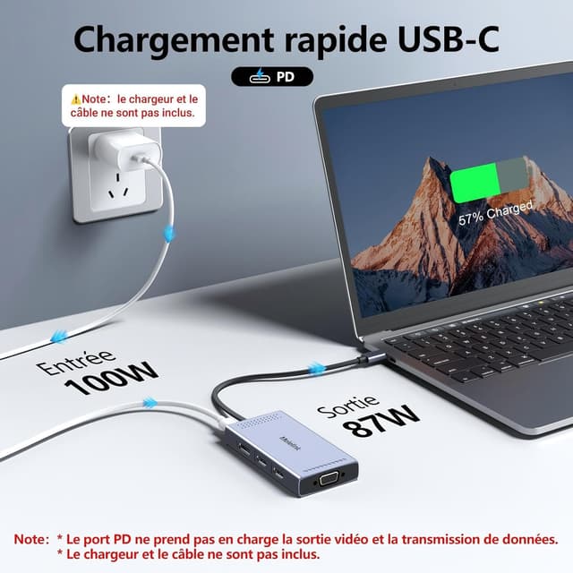 Detalle 2 de Dock USB C double moniteur 9 en 1 : station d’accueil USB‑C avec double affichage HDMI + DisplayPort, VGA et recharge 100 W