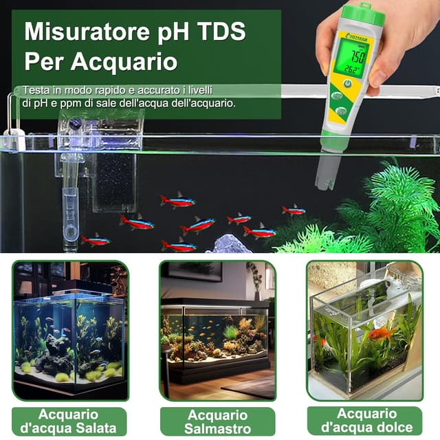 Detalle de UIUZMAR Misuratore pH e Salinità 5 in 1 per piscine, acquari e idroponica (pH/EC/TDS/Temp)
