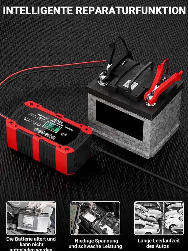 Detalle 2 de Autobatterie-Ladegerät 12V 10A mit LCD, Temperaturkompensation & Rekonditionierungsmodus