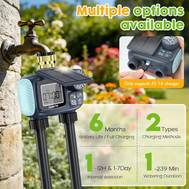 Detalle 2 de AnseTo Timer di Irrigazione Solare con 2 Uscite e pannello regolabile, ricarica USB-C