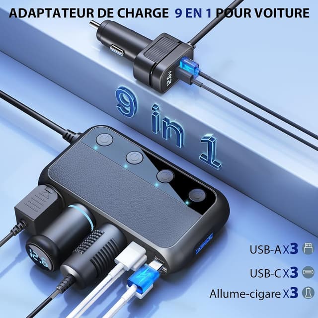 Detalle de Cargador Coche 9-en-1 USB-C PD 30W ⚡ con 3 Tomas