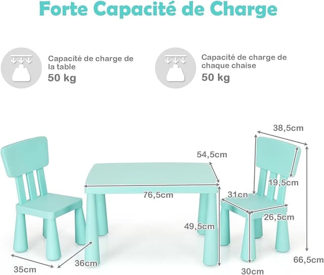 Thumbnail 4 de Table enfant COSTWAY avec 2 chaises, 50 kg đ