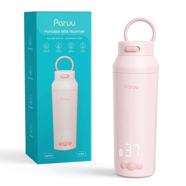 Detalle de Paruu tragbarer Flaschenwärmer für Babys, Schnellaufheizen in 2 Minuten, 30W, 350 ml, 7-stufige Temperaturregelung (rosa)