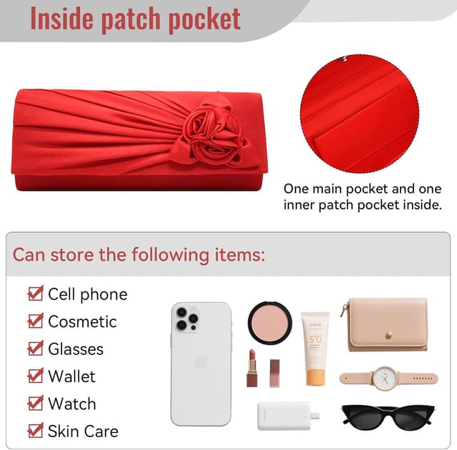 Thumbnail 6 de Wocharm ladies satin clutch bag with rose – 3-in-1 evening wedding handbag