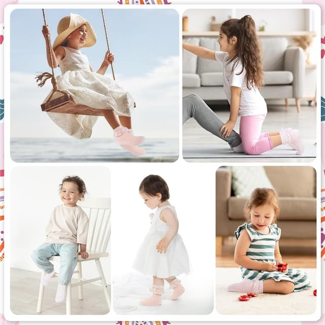 Detalle 2 de QKURT 6 Pairs Baby Girls Frilly Ankle Socks (Cotton Lace Ruffle) for Dance & Everyday Wear