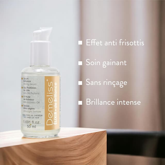 Detalle 2 de Demeliss Elixir Brillance – Sérum cheveux 50 ml anti-frisottis, protéines de soie & huile de babassu