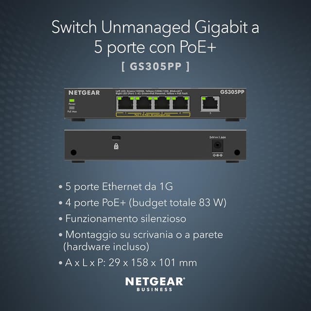 Detalle de NETGEAR 5 Port PoE Switch GS305PP (4 PoE+ ports) — compact plug-and-play for desktop or wall