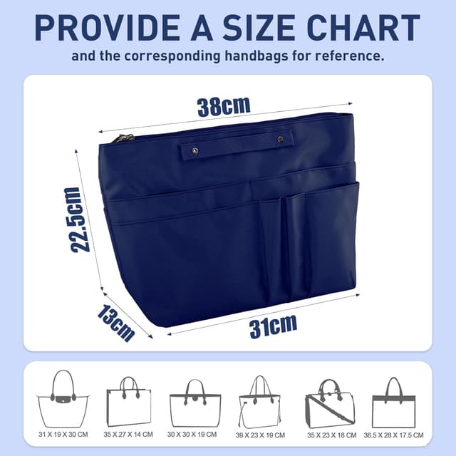 Detalle de HYEPNED Bag Organiser Insert for Longchamp Le Pliage Large (blue, L) with Zipper & 15 Pockets