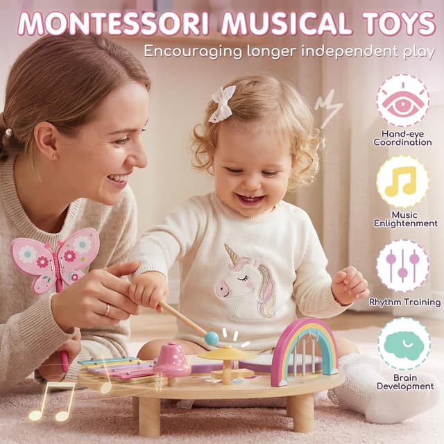 Detalle de Lehoo Castle Unicorn Kids Drum Kit with Wooden Xylophone & 2 Drums (Montessori-style play for 12M+)