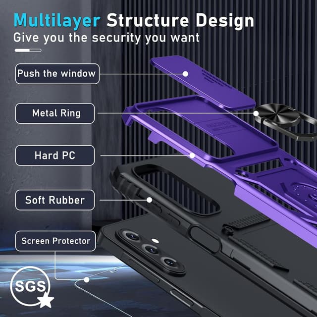 Detalle 2 de Janmitta Compatible with Samsung Galaxy A17 5G Purple Case with Slide Camera Lens Cover, Kickstand, and Tempered Glass Screen Protector