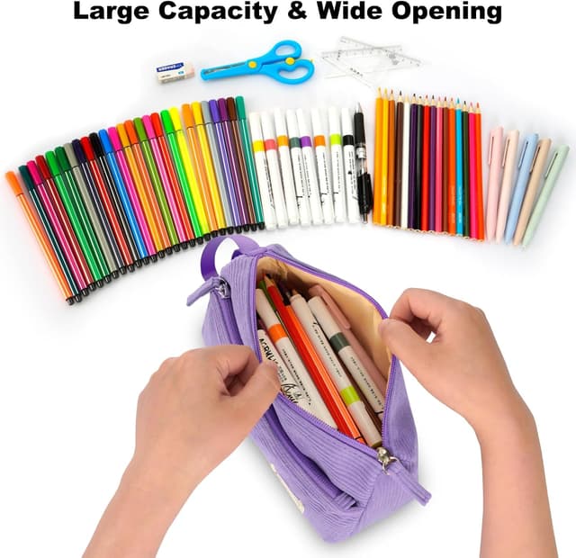 Detalle 2 de Trousse scolaire FINPAC en velours côtelé (violette) avec poche zippée et dragonne