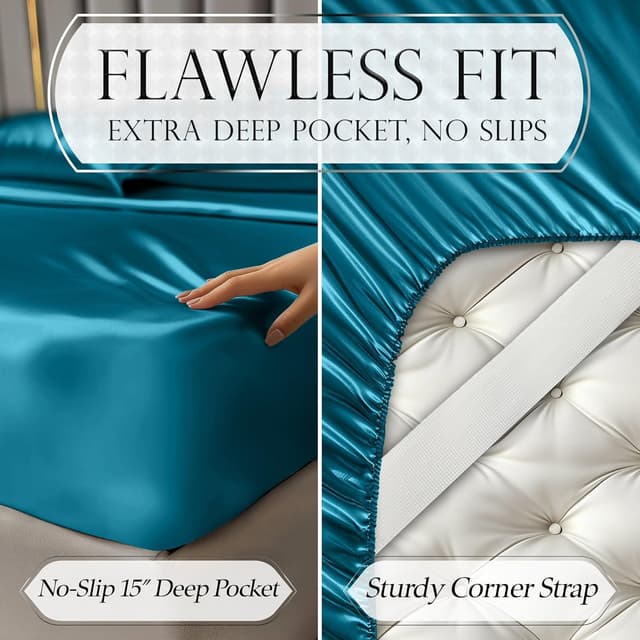 Detalle de DECOLURE Satin Bed Sheets (4-Piece) for King Beds—Softer-Than-Silk, Wrinkle-Free, 15” Deep Pocket Set (Sea Teal)