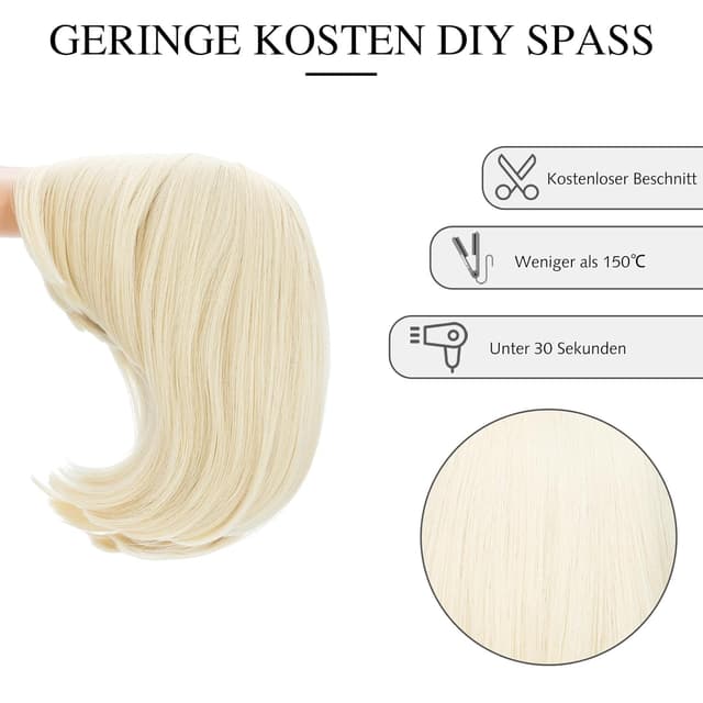 Detalle 1 de PARXITN Bob-Perücke mit Pony (blond, wellig) – Synthetikhaar, ca. 28 cm Schulterlänge