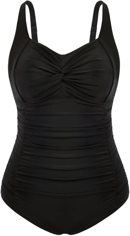 Detalle de Hanna Nikole Damen Große Größen einteiliger Badeanzug „Bauchweg“ mit V-Ausschnitt und geraffter Front