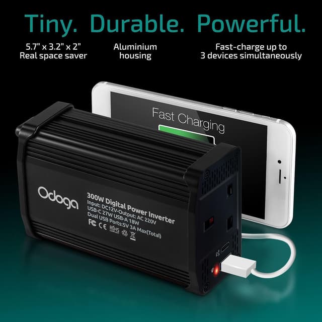 Detalle de Odoga 300W Car Power Inverter (12V to 240V) with USB-A & USB-C 3A Charging Ports